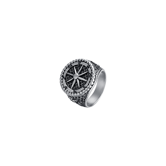 BAGUE SIGILLAIRE EN ACIER POUR HOMME AVEC ROSE DES VENTS