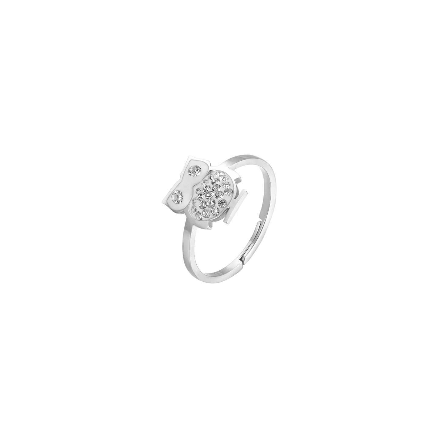 BAGUE EN ACIER POUR DAMES AVEC HIBOU ET CRISTAUX BLANCS TAILLE : S