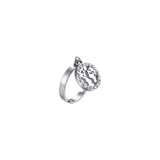 BAGUE FEMME EN ACIER AVEC MONDE AVEC CRISTAUX BLANCS