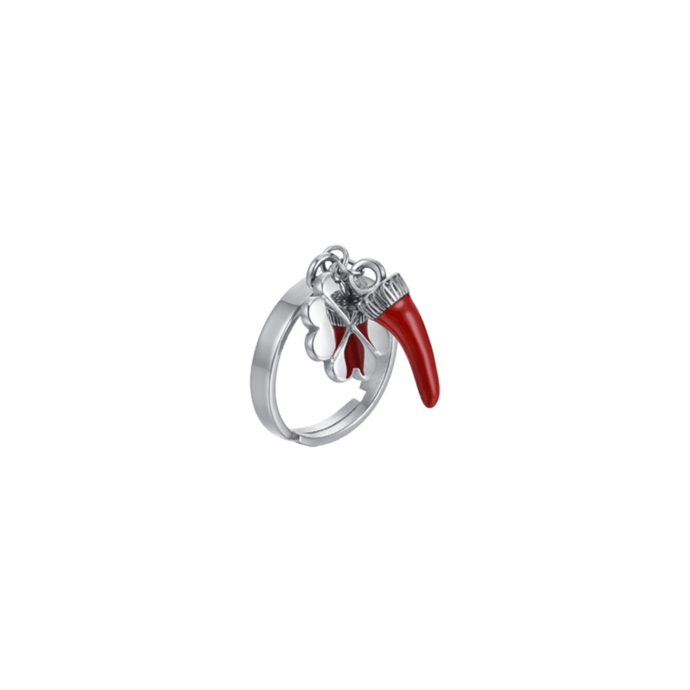 BAGUE EN ACIER POUR FEMME AVEC CORNE EN ÉMAIL ROUGE ET TRÈFLE À QUATRE FEUILLES