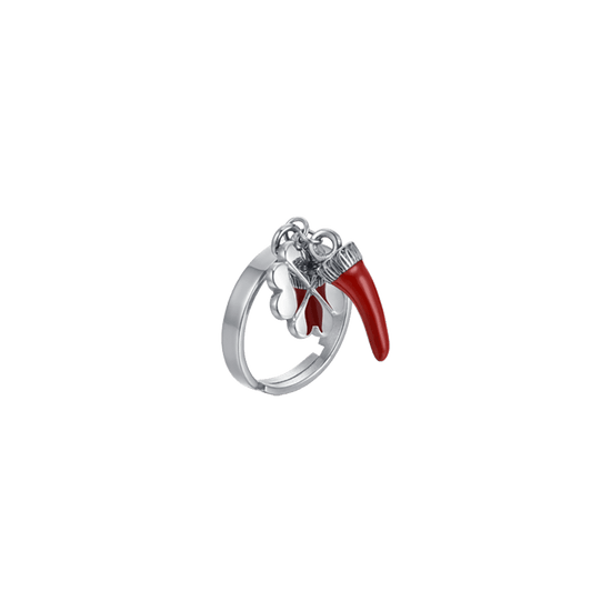 BAGUE EN ACIER POUR FEMME AVEC CORNE EN ÉMAIL ROUGE ET TRÈFLE À QUATRE FEUILLES