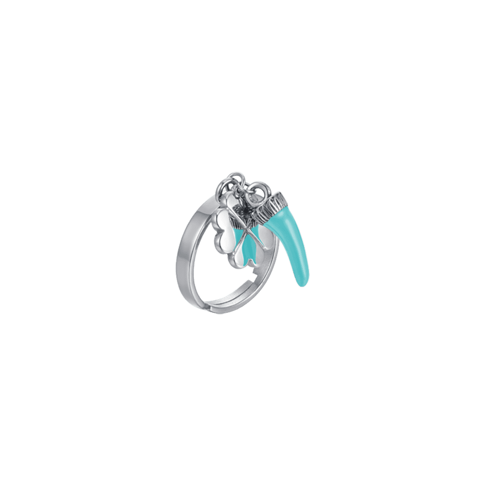 BAGUE FEMME EN ACIER AVEC CORNE EN ÉMAIL TURQUOISE ET TRÈFLE À QUATRE FEUILLES