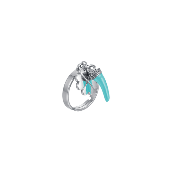 BAGUE FEMME EN ACIER AVEC CORNE EN ÉMAIL TURQUOISE ET TRÈFLE À QUATRE FEUILLES