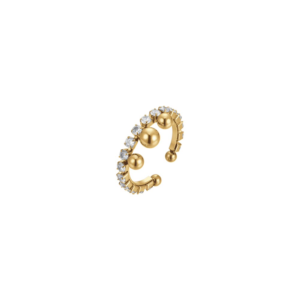 BAGUE FEMME EN ACIER DORÉ AVEC CRISTAUX BLANCS ET SPHÈRES