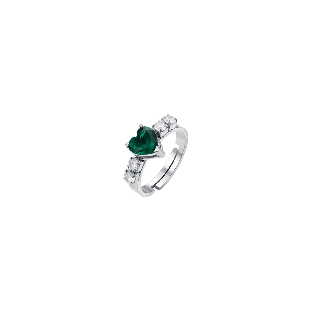 BAGUE FEMME EN ACIER AVEC CRISTAUX BLANCS ET CŒUR EN CRISTAL VERT