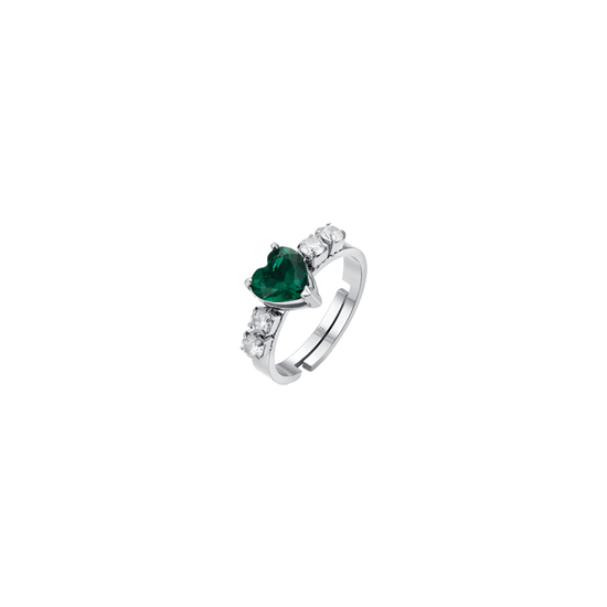 BAGUE FEMME EN ACIER AVEC CRISTAUX BLANCS ET CŒUR EN CRISTAL VERT