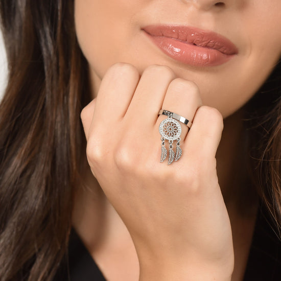 BAGUE ATTRAPE-RÊVES EN ACIER POUR FEMME AVEC CRISTAUX BLANCS