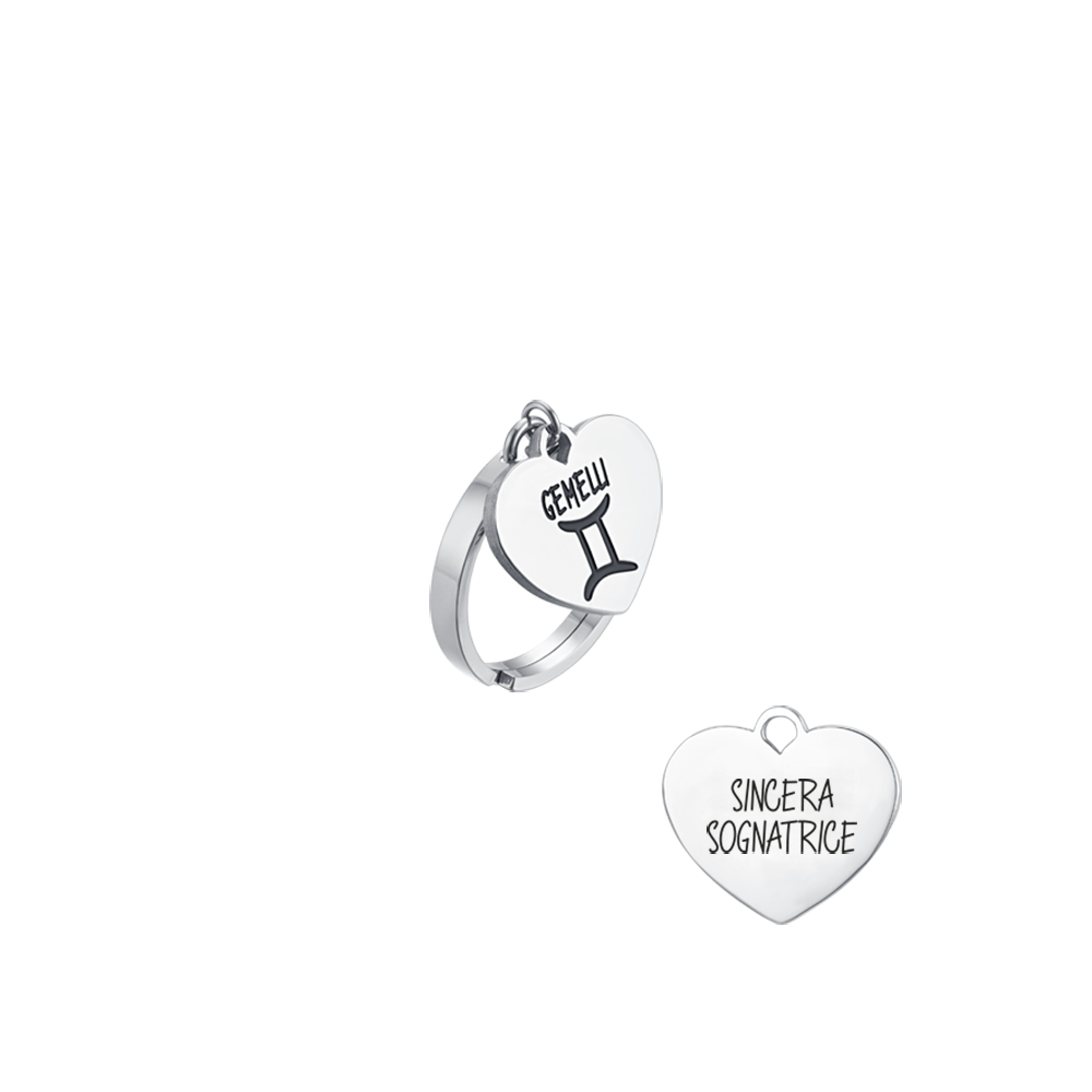 BAGUE EN ACIER POUR FEMME SIGNE DU ZODIAQUE GÉMEAUX AVEC COEUR