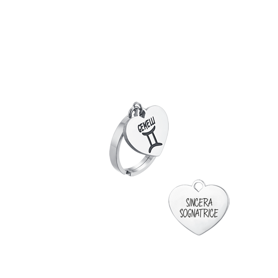 BAGUE EN ACIER POUR FEMME SIGNE DU ZODIAQUE GÉMEAUX AVEC COEUR