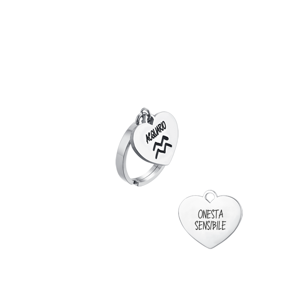 BAGUE FEMME EN ACIER SIGNE ZODIACAL VERSEAU AVEC COEUR