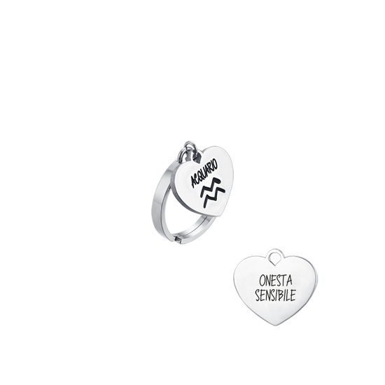 BAGUE FEMME EN ACIER SIGNE ZODIACAL VERSEAU AVEC COEUR