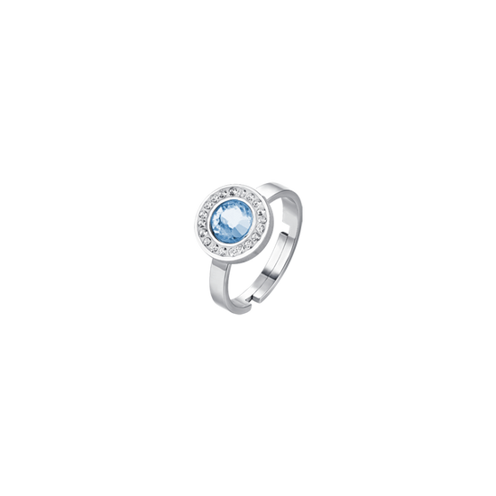 BAGUE EN ACIER POUR FEMME ÉLÉMENT EN CRISTAL AIGUE-MARINE ET CRISTAUX BLANCS