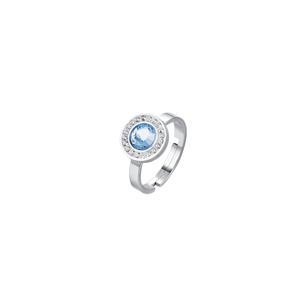 BAGUE EN ACIER POUR FEMME ÉLÉMENT EN CRISTAL AIGUE-MARINE ET CRISTAUX BLANCS