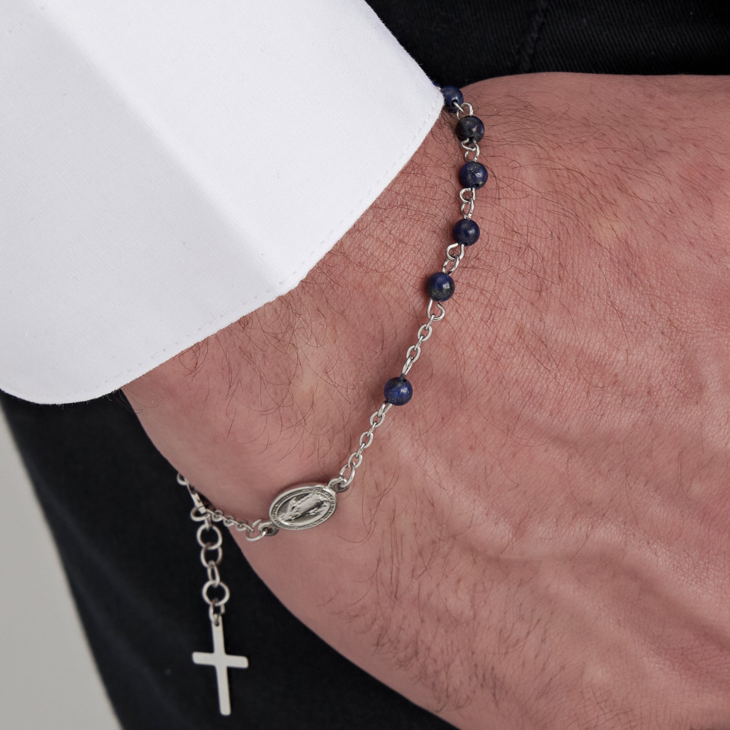 BRACELET ROSAIRE EN ACIER POUR HOMME AVEC PIERRES LAPIS