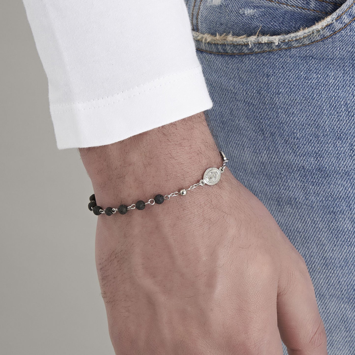 BRACELET ROSAIRE EN ACIER POUR HOMME AVEC PIERRE DE LAVE