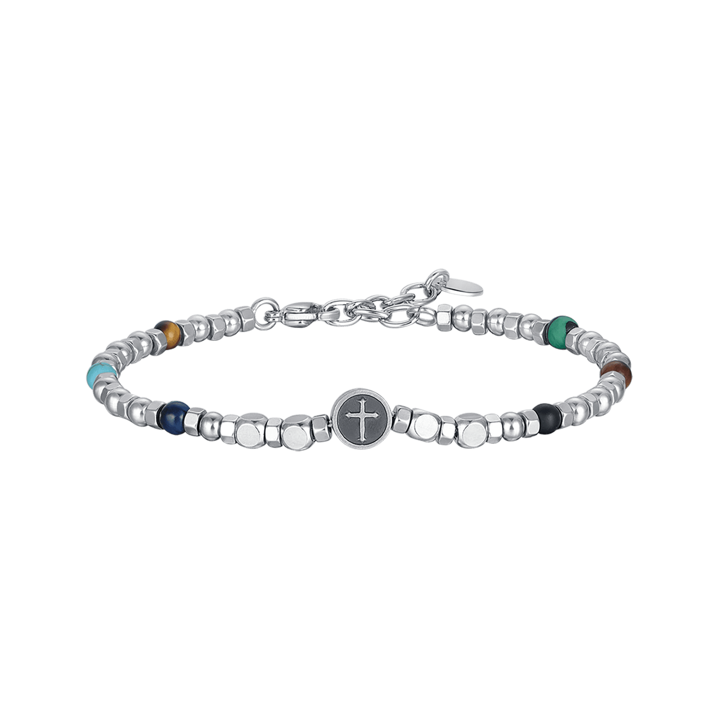 BRACELET POUR HOMME EN ACIER AVEC PIERRES DE COULEUR ET CROIX