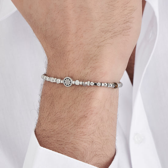 BRACELET POUR HOMME EN ACIER AVEC ŒIL DE TIGRE ET GOUVERNAIL