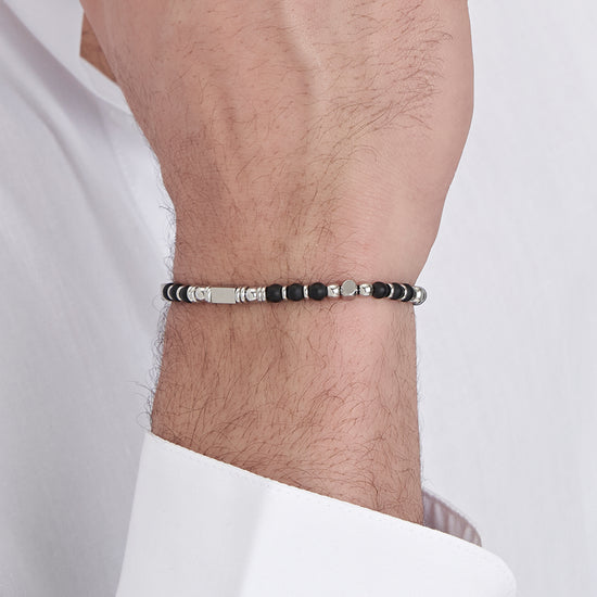 BRACELET POUR HOMME EN ACIER AVEC PIERRES D'AGATE NOIRE