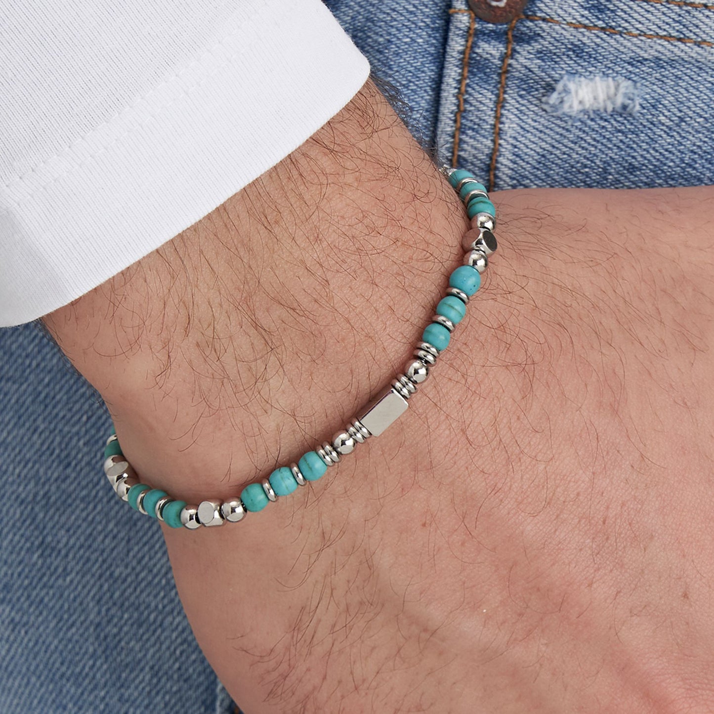 BRACELET ACIER POUR HOMME AVEC PIERRES TURQUOISES ET ACIER