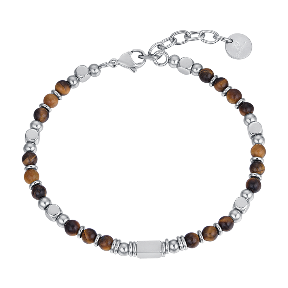 BRACELET HOMME EN ACIER AVEC PIERRES EN OEIL DE TIGRE MARRON