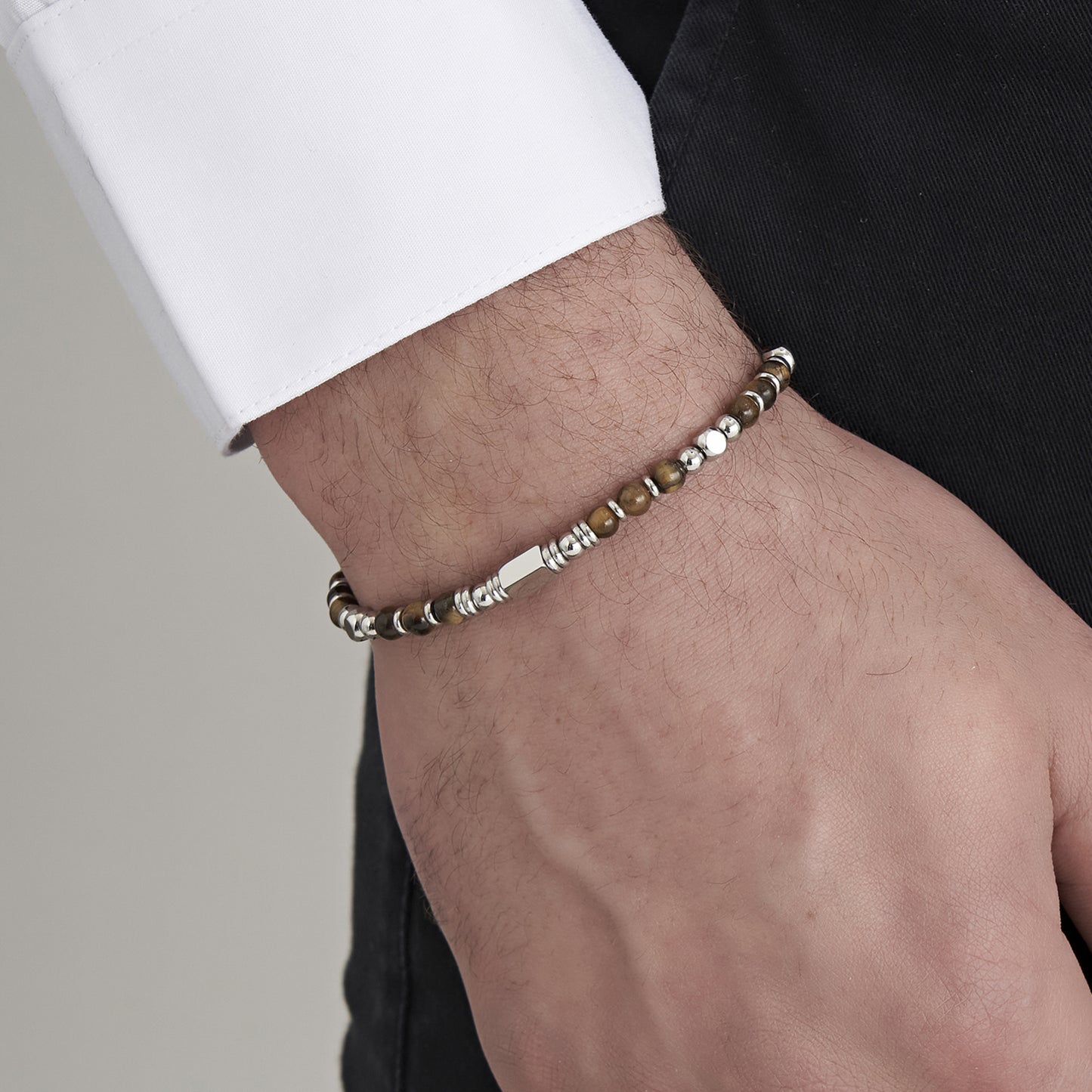 BRACELET HOMME EN ACIER AVEC PIERRES EN OEIL DE TIGRE MARRON