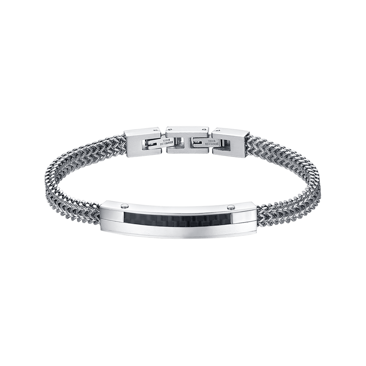 BRACELET HOMME EN ACIER AVEC PLAQUE EN FIBRE DE CARBONE ET ÉLÉMENT NOIR