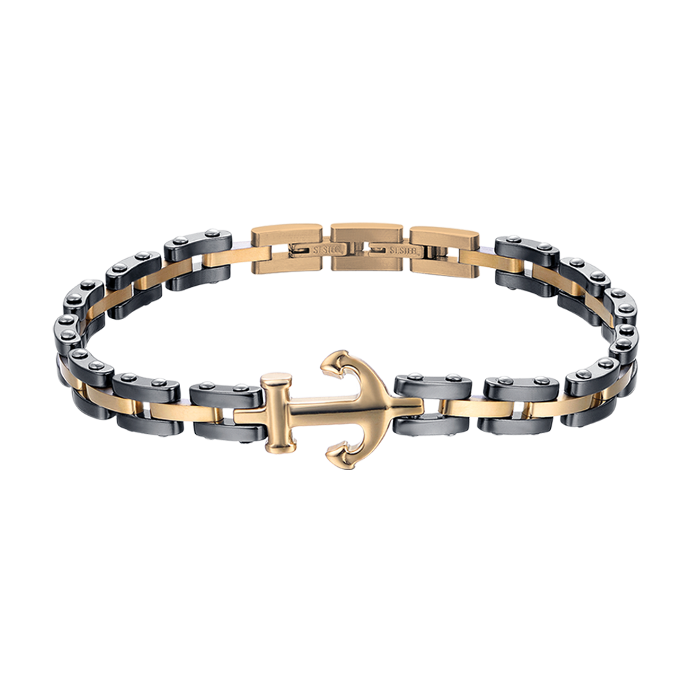 BRACELET HOMME IP EN ACIER ROSE AVEC ÉLÉMENTS EN CÉRAMIQUE NOIRE ET ANCRE