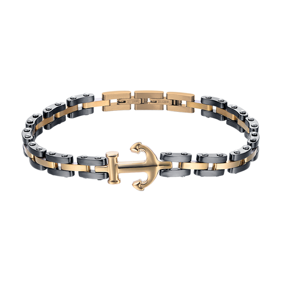 BRACELET HOMME IP EN ACIER ROSE AVEC ÉLÉMENTS EN CÉRAMIQUE NOIRE ET ANCRE