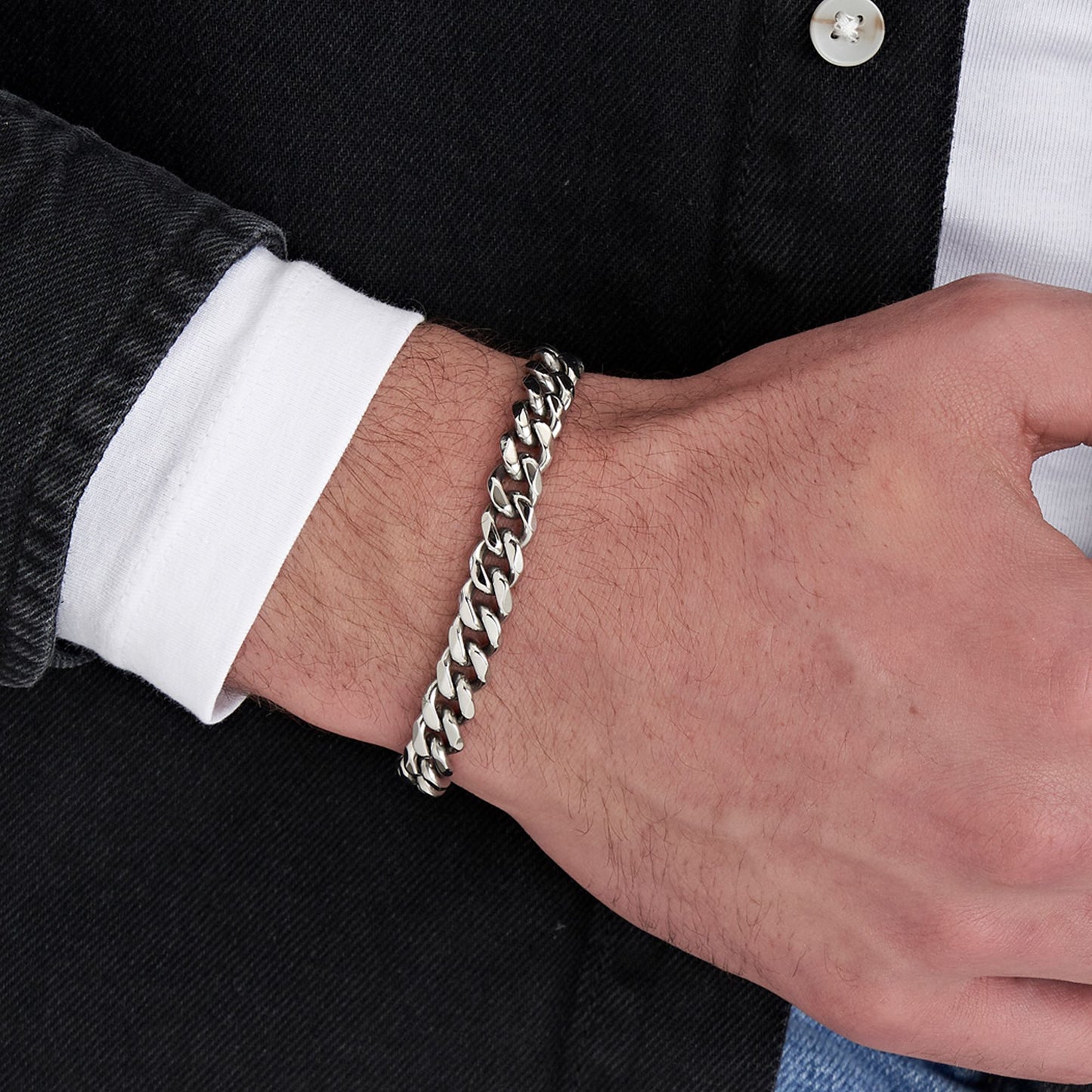 BRACELET POUR HOMME EN ACIER À MAILLONS EN ARGENT