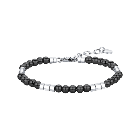 BRACELET EN ACIER POUR HOMMES AVEC PIERRES NOIRES ET ÉLÉMENTS EN ACIER