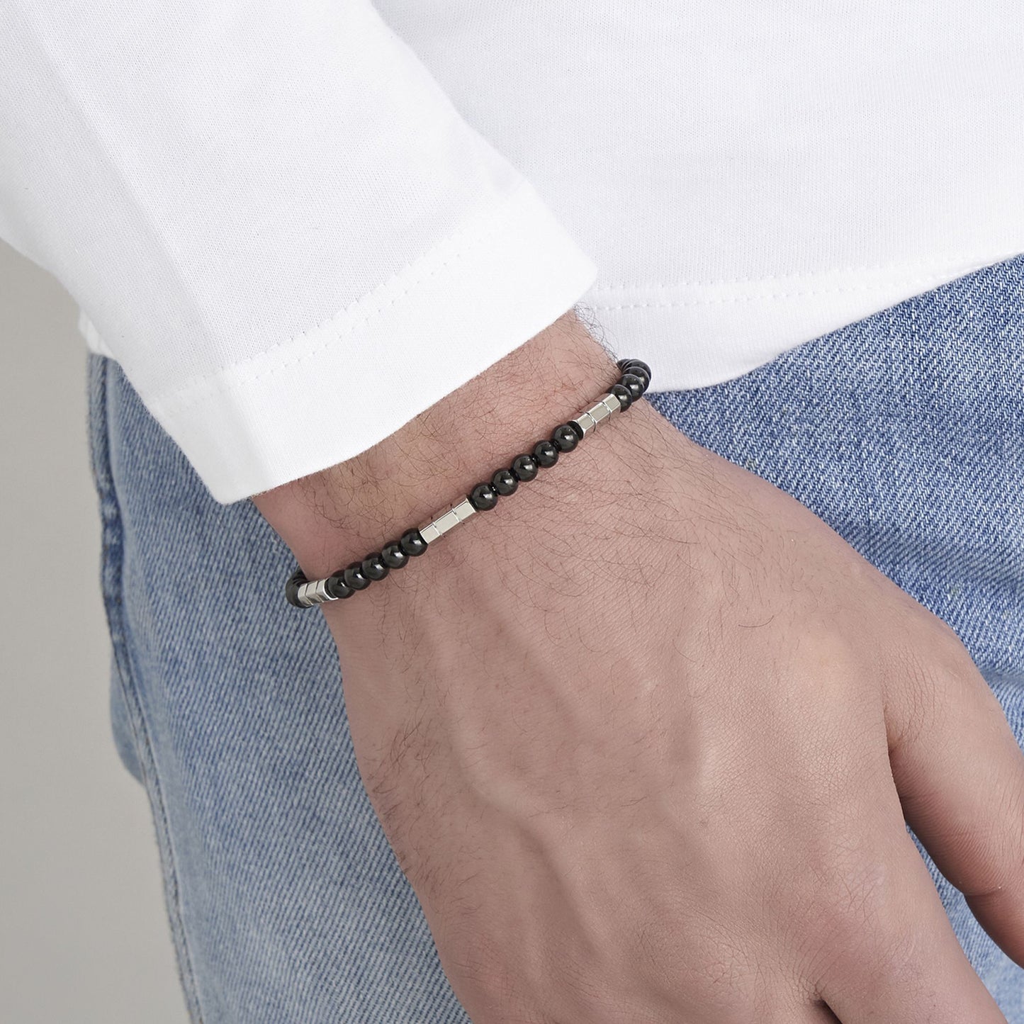 BRACELET EN ACIER POUR HOMME AVEC PIERRES NOIRES ET ELEMENTS EN ACIER Luca Barra