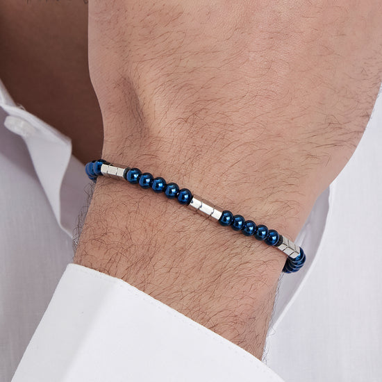 BRACELET POUR HOMME EN ACIER AVEC PIERRES BLEUES ET ÉLÉMENTS EN ACIER