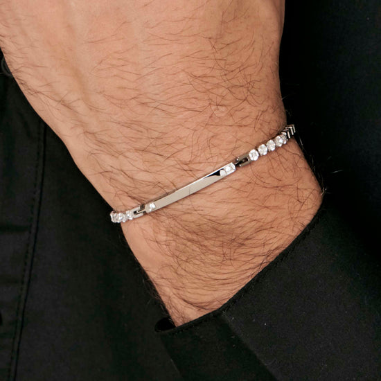 BRACELET POUR HOMME EN ACIER AVEC PLAQUE ET CRISTAUX BLANCS