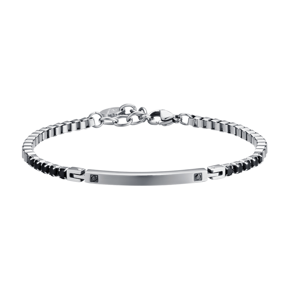 BRACELET POUR HOMME EN ACIER AVEC PLAQUE NOIRE ET CRISTAUX