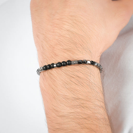 BRACELET ACIER POUR HOMME AVEC PIERRES GRISES IP HÉMATITE ET NOIRES