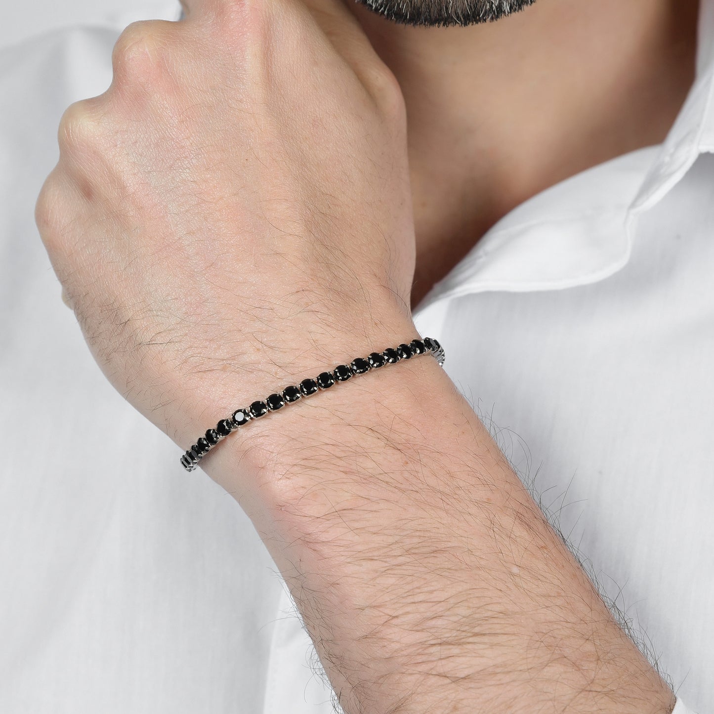 BRACELET TENNIS EN ACIER POUR HOMME AVEC CRISTAUX NOIRS