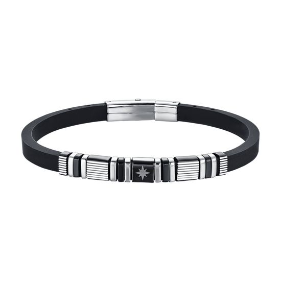 BRACELET HOMME EN SILICONE NOIR AVEC ÉLÉMENTS EN ACIER ET IP NOIR ET ROSE DES VENTS