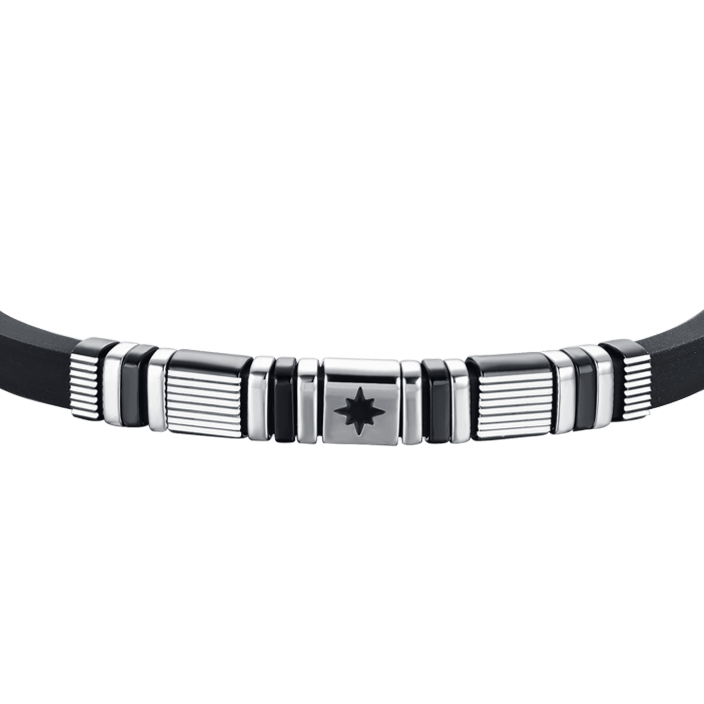 BRACELET HOMME EN SILICONE NOIR AVEC ÉLÉMENTS EN ACIER ET IP NOIR ET ROSE DES VENTS