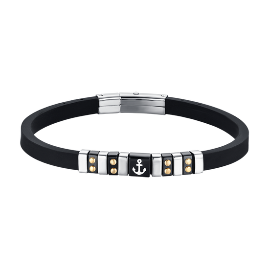 BRACELET HOMME EN SILICONE NOIR AVEC ÉLÉMENTS EN ACIER, IP NOIR ET OR AVEC ANCRE