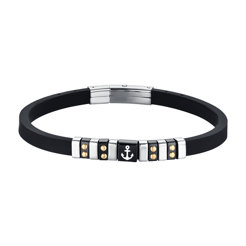 BRACELET HOMME EN SILICONE NOIR AVEC ÉLÉMENTS EN ACIER, IP NOIR ET OR AVEC ANCRE