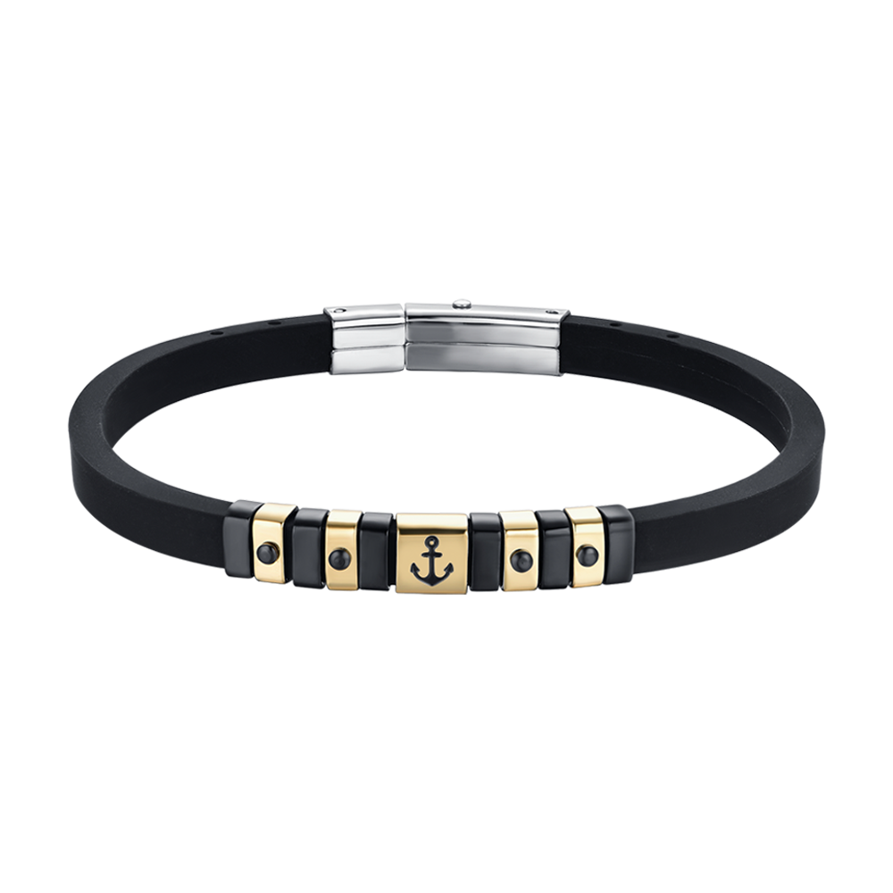 BRACELET SILICONE NOIR POUR HOMME AVEC ÉLÉMENTS EN ACIER NOIR ET OR IP AVEC ANCRE