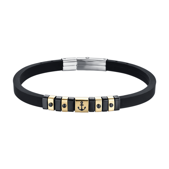 BRACELET SILICONE NOIR POUR HOMME AVEC ÉLÉMENTS EN ACIER NOIR ET OR IP AVEC ANCRE