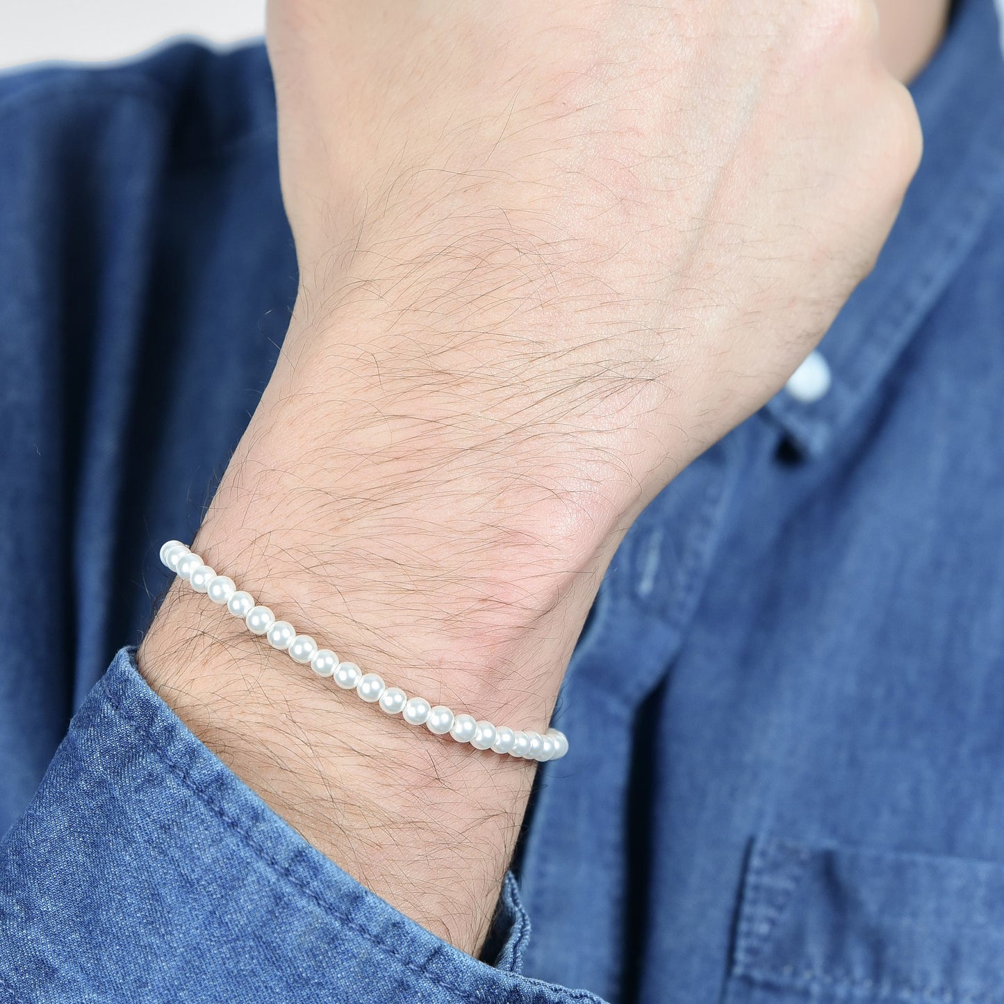 BRACELET POUR HOMME EN ACIER AVEC PERLES BLANCHES