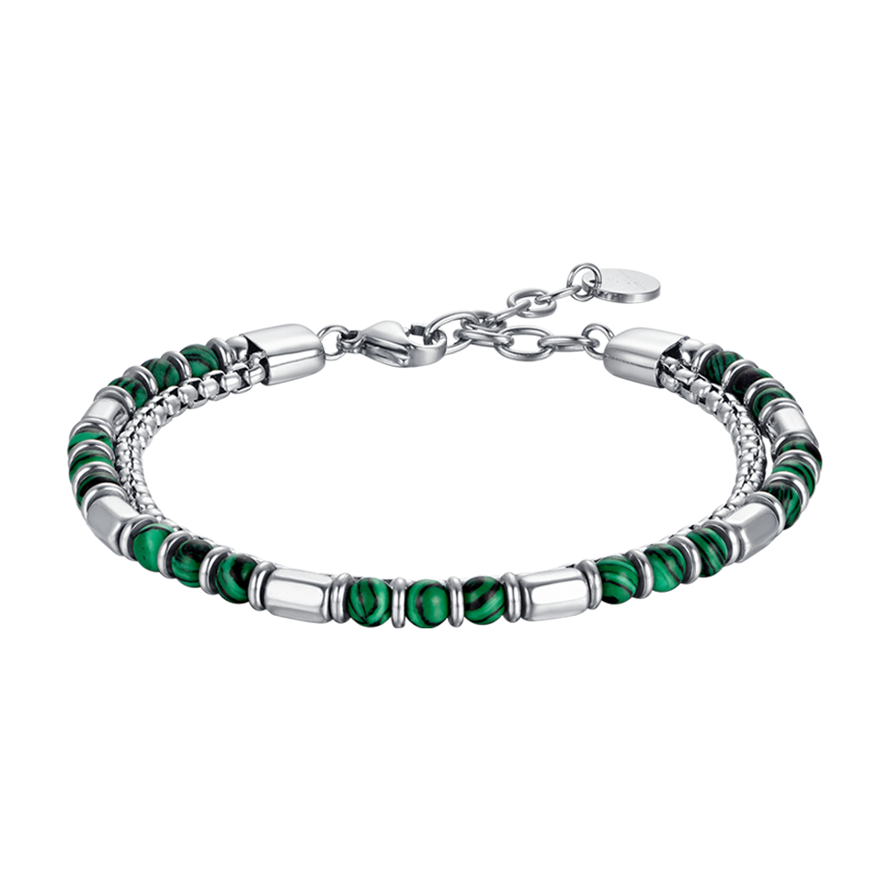 BRACELET HOMME EN ACIER AVEC PIERRES VERTES ET ÉLÉMENTS EN ACIER