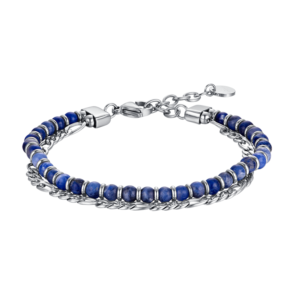 BRACELET POUR HOMME EN ACIER AVEC PIERRES BLEUES ET ÉLÉMENTS EN ACIER