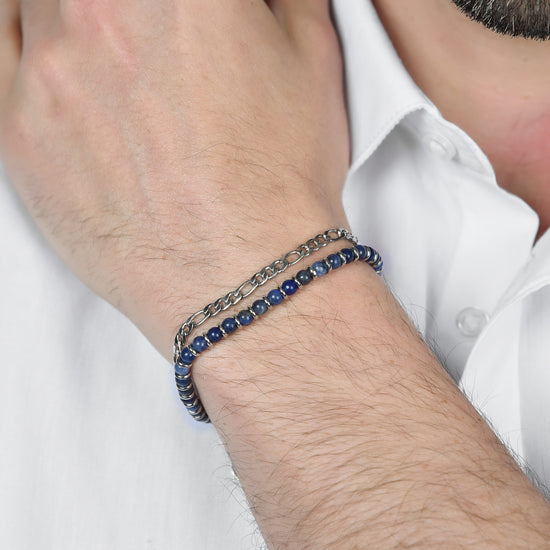 BRACELET POUR HOMME EN ACIER AVEC PIERRES BLEUES ET ÉLÉMENTS EN ACIER