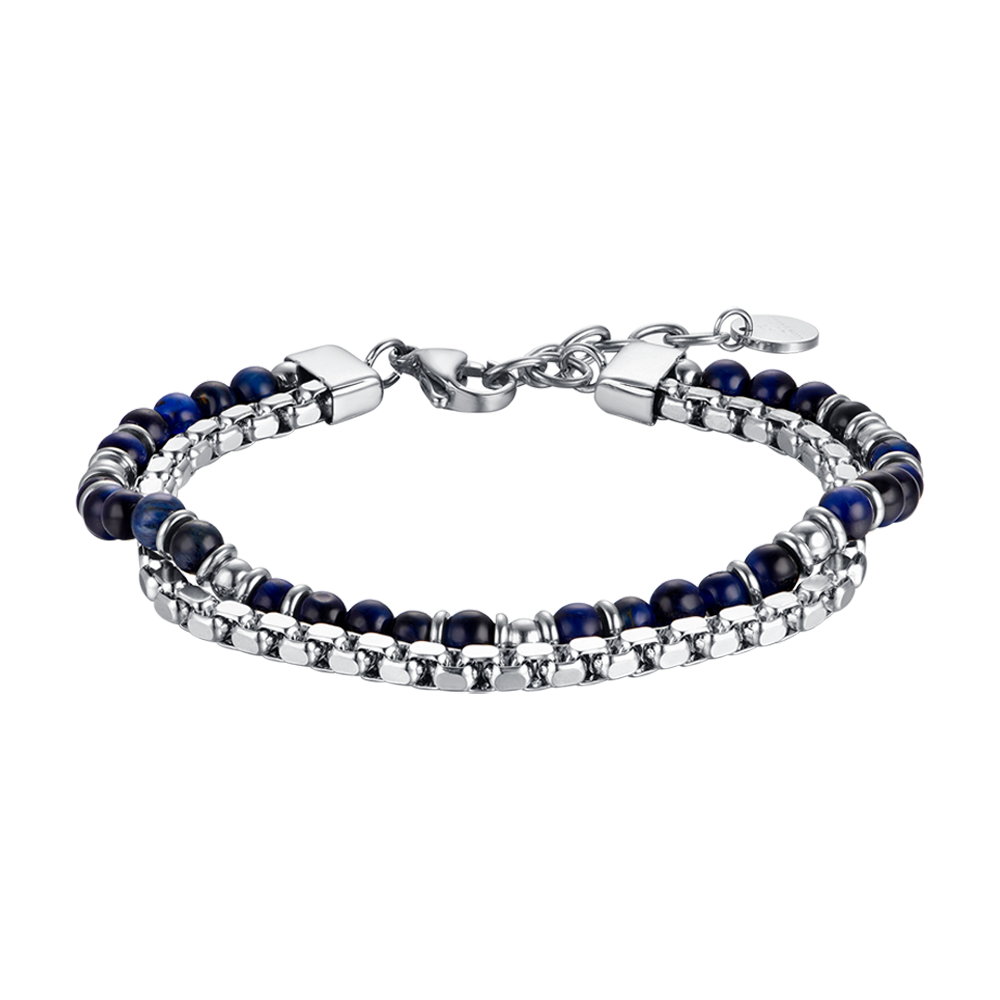 BRACELET POUR HOMME EN ACIER AVEC PIERRES BLEUES ET ÉLÉMENTS EN ACIER