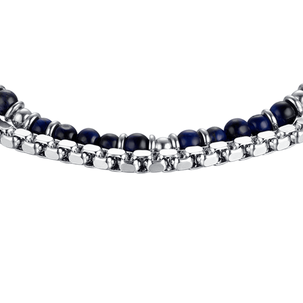 BRACELET POUR HOMME EN ACIER AVEC PIERRES BLEUES ET ÉLÉMENTS EN ACIER