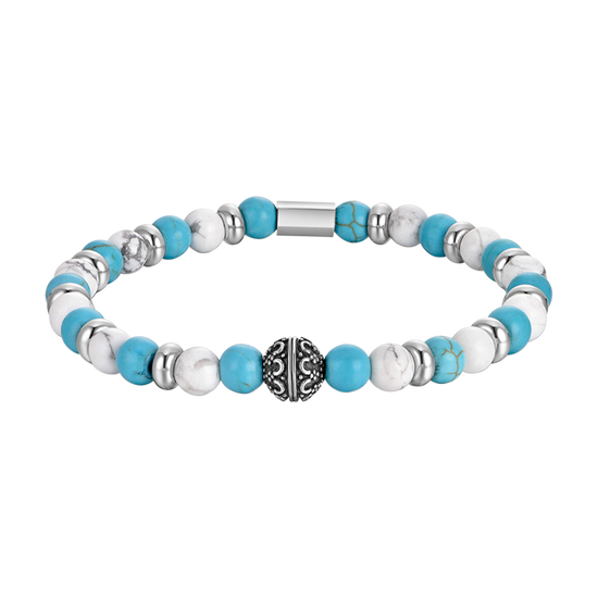 BRACELET ÉLASTIQUE POUR HOMME AVEC PIERRES BLEUES ET BLANCHES ET ÉLÉMENTS EN ACIER