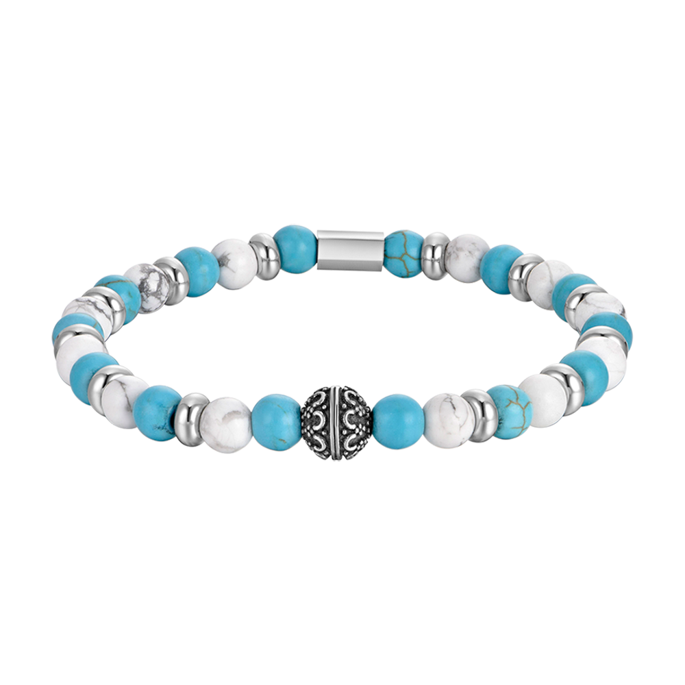 BRACELET ÉLASTIQUE POUR HOMME AVEC PIERRES BLEUES ET BLANCHES ET ÉLÉMENTS EN ACIER